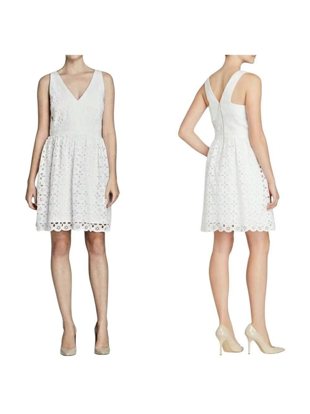 Laundry White V-Neck Low Back Eyelet Fit & Flare Knee Length Dress Size 4